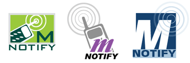 M Notify. Three logo examples, for a notification system.