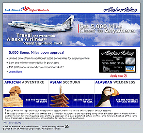 Alaska Airways, redesign, to add a fresh look to the Bank of America credit card offering. Here is Version One.